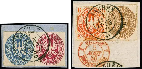 6 Pfg. red-orange together with 3 Sgr. ochre-brown, respectively 1 Sgr. carmine and 2 Sgr. blue, two letter pieces each with rare K2 "Aachen" in Belgian trial type