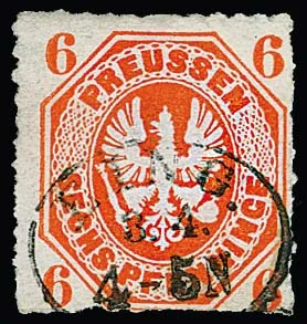 6 Pfge. rotorange, Kabinettstück mit sehr seltener Entwertung durch Berliner Eingangs-Oval-Stempel "EING.", ex Kruschel