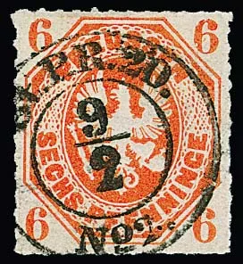 6 Pfge. rotorange, Kabinettstück mit seltener Entwertung durch Briefsammlungs-K2 "ST.PR.20 No. 2" von Königsberg (früher Berlin), sign. mit Fotoexp. Brettl