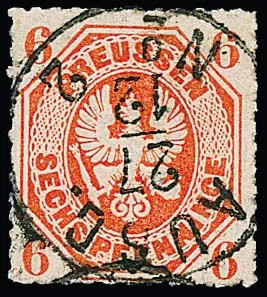 6 Pfge. red-orange, showpiece with rare and centered cancellation by grotesque K1 "AUSG. No. 2"
