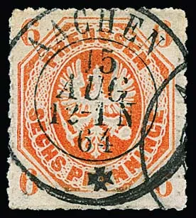 6 Pfge. red-orange, showpiece with centered K2 "Aachen" in rare Belgian trial type, signed Meier