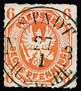 6 Pfge. red-orange, luxury piece with rare cancellation by centered K1 "STADT AUSGABE N.3"