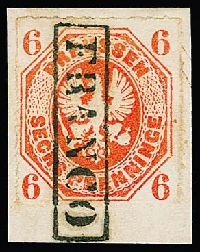 6 Pfge. red-orange on cabinet letter piece with rare cancellation by full Ra1 "FRANCO" from Stettin, only a few examples known, signed Krause, Engel