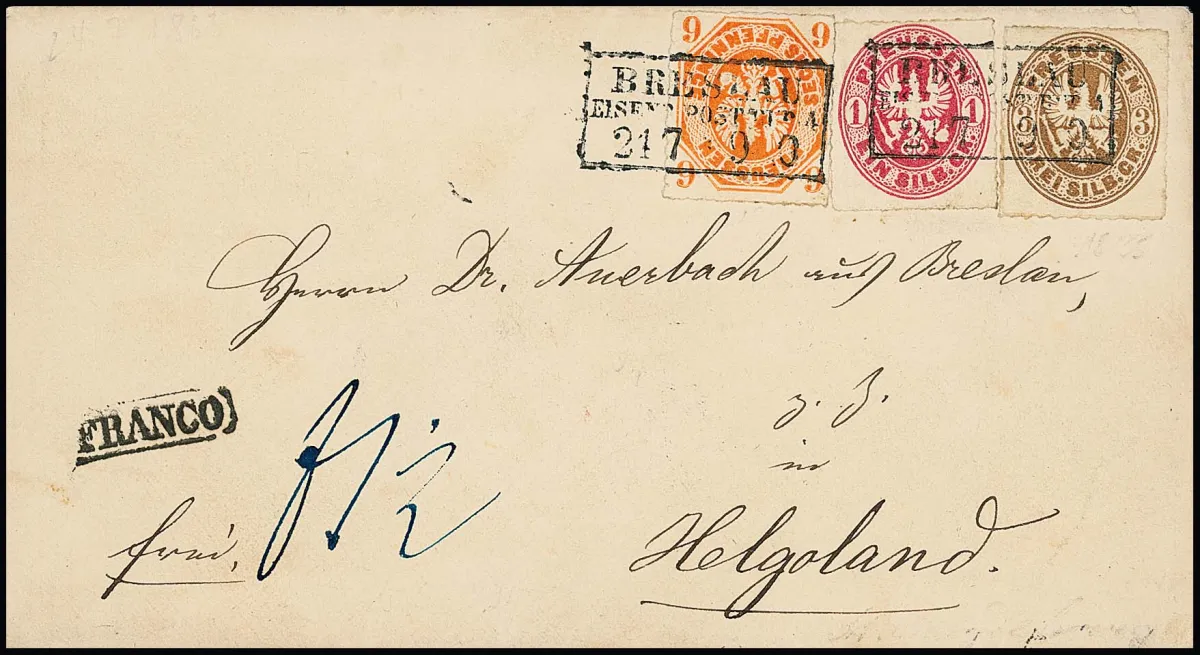 6 Pfge. rotorange, 1 Sgr. rosa (diese rechts min. Randspalt) und 3 Sgr. ockerbraun auf prachtvollem Couvert mit Ra3 "Breslau Eisenb. Post. Bur. 4" 1863 via…