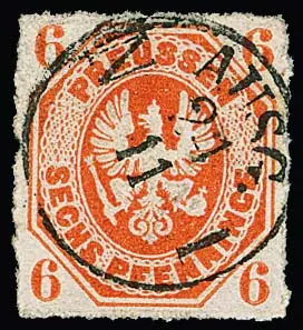 6 пф. коричневато-красная, обычный просечной зуб, с редким гашением K1 "AUSG. N.1", аттестат Flemming: "На 15b мне до сих пор это гашение не было известно"