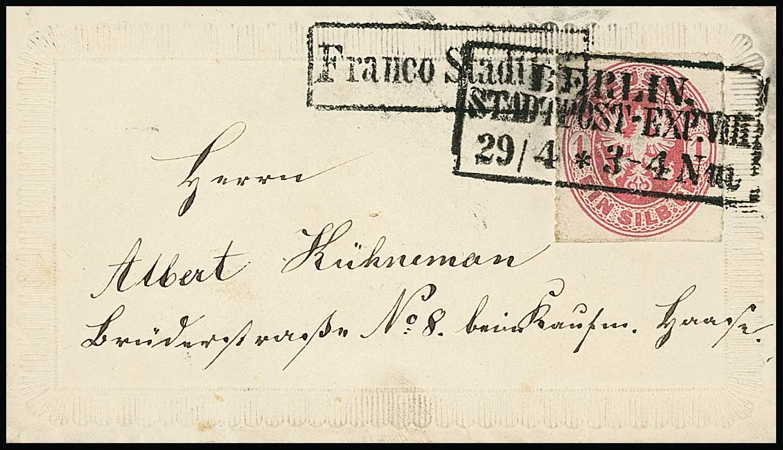 1 Sgr. roze (onderaan lichte schaarafscheiding) enkel op charmante mini reliëf siercouvert met Ra3 "Berlin Stadtpost-Exp. VIII" en Ra1 "Franco Stadtbrf."…