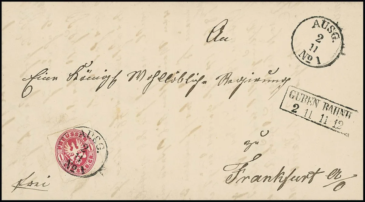 1 Sgr. pink on cabinet letter with dispatch side Ra2 "Guben Bahnh." to Frankfurt a.O., the stamp with rare cancellation by K1 "AUSG.", this also alongside
