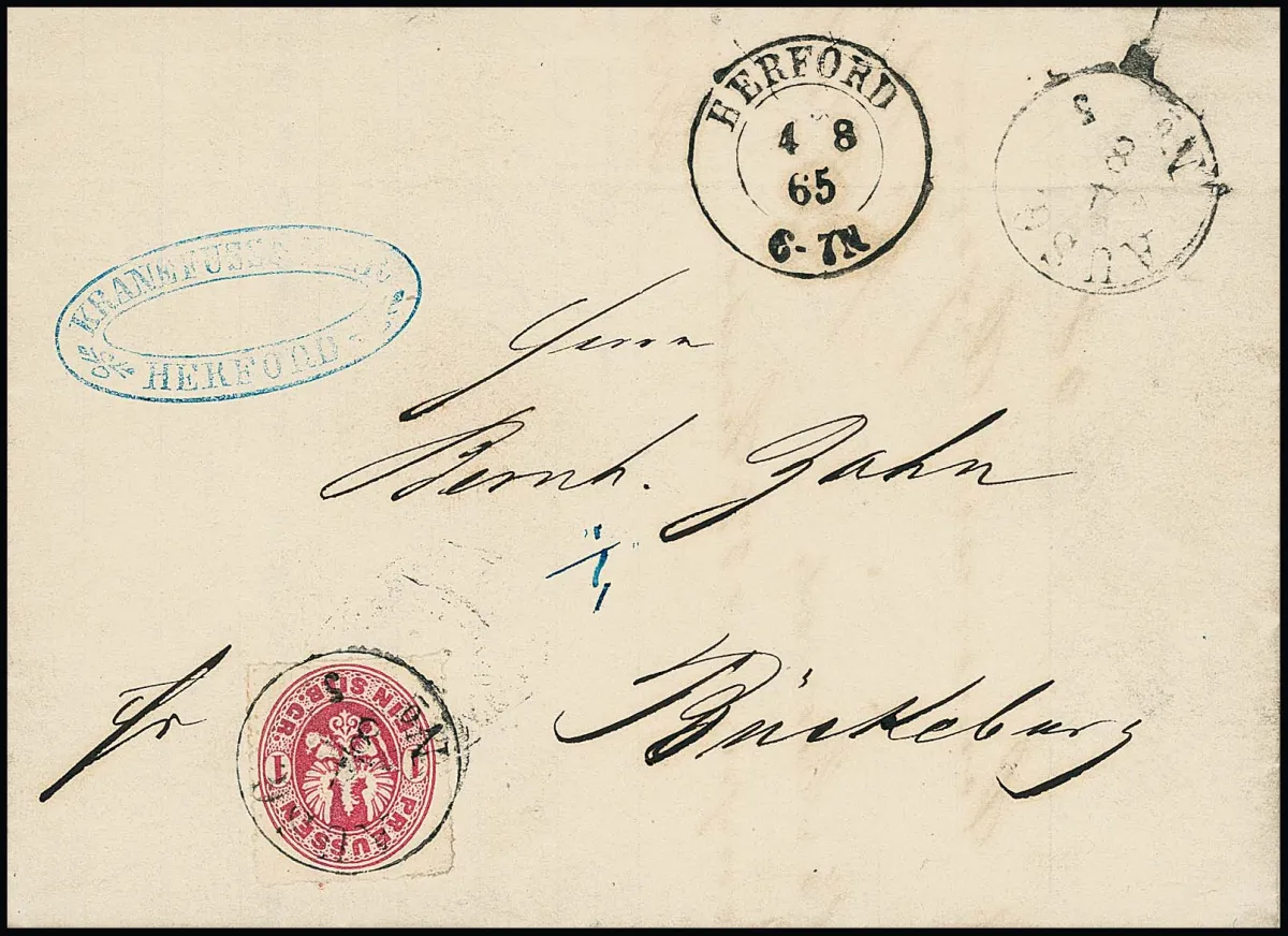 1 Sgr. pink on cabinet letter with dispatch side K2 "Herford" to Bückeburg, rare stamp cancellation by K1 "AUSG. N.2" and alongside