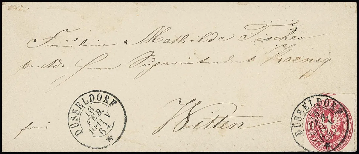 1 Sgr. pink on superb cover with rare K2 "Düsseldorf" in Belgian trial type (dated 16.2.1864)