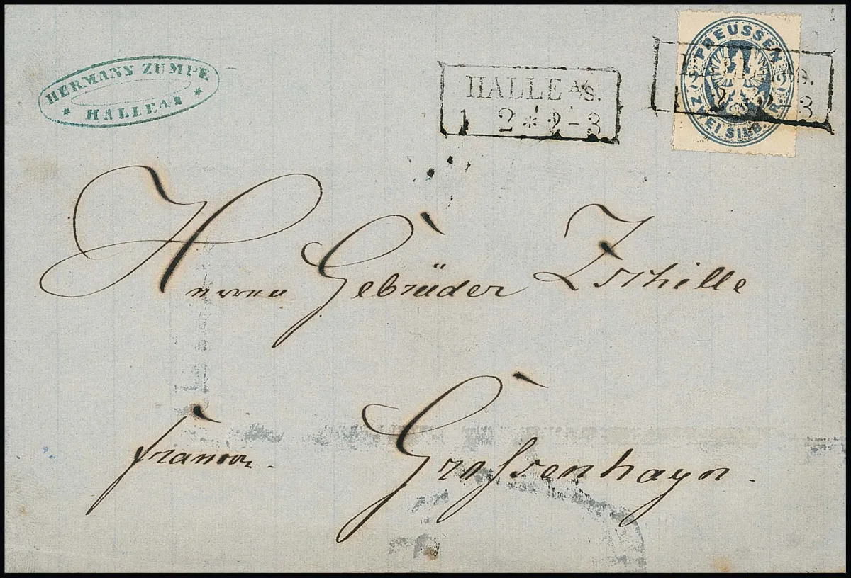 2 Sgr. milchiggraublau, sog. "Hallenser Postfälschung" auf Brief mit Verwendung in Halle a.S. (Ra2 v. 1.2.1866). Aufgrund der deutlich abweichenden Druckfarbe…