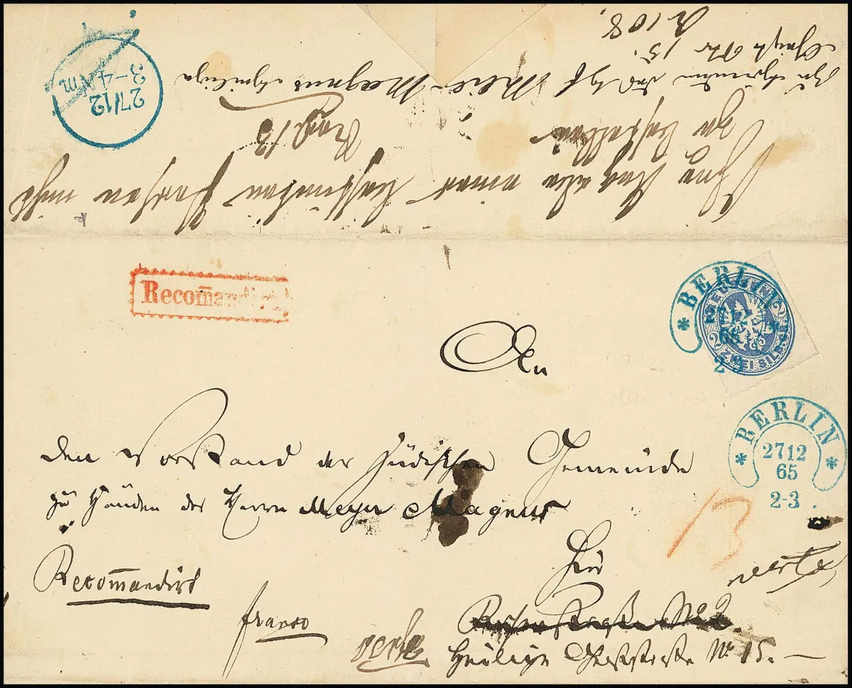 2 Sgr. blue, cabinet piece single on local registered letter with blue HE "Berlin", forwarded twice with corresponding notes on reverse
