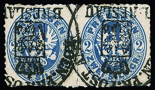 2 Sgr. bleu, magnifique paire avec oblitération rare et claire par cachet de poste de Breslau