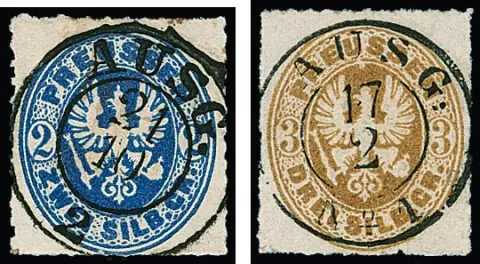 2 Sgr. blue and 3 Sgr. ochre brown, two luxury items with rare centric cancellation by K2 "AUSG." in two different types
