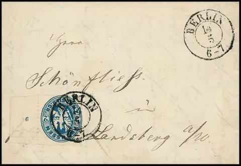 2 Sgr. bleu de Prusse, pièce de bord droit très rare de la bonne nuance avec bord de feuille de 13 mm (!), numéro de rangée "9", sur lettre de cabinet avec K2 "Berlin"