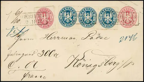 2 Sgr. bleu de Prusse, bande de trois avec perforation parfaite, avec 1 Sgr. rose (coin minuscule ciseau) sur entier 1 Sgr. rose, avec meilleur Ra2 de Prusse-Orientale "Angerburg" comme lettre de valeur pour Königsberg. La plus grande unité connue du n° 17b sur pièce entière et un unicum, comme le confirme aussi le certificat Flemming, en bon état d'usage. Mi. 2000,- +
