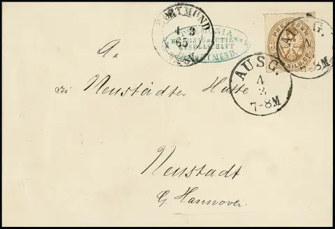 3 Sgr. brun ocre sur lettre de choix avec K2 de départ "Dortmund" apposé à côté, 1865 pour Neustadt près de Hanovre, le timbre oblitéré seulement à Neustadt par K1 "AUSG."…