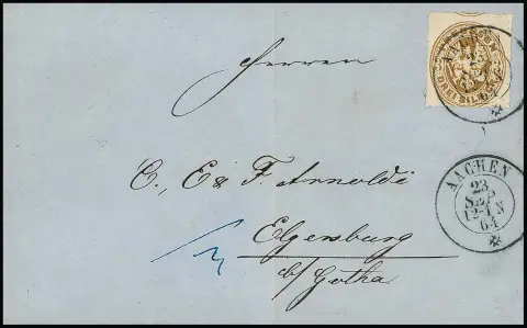 3 Sgr. brun ocre, pièce de choix avec rare K2 "Aachen" en type d'essai belge (du 23.9.1864) sur lettre recommandée pour Elgersberg