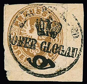 3 Sgr. ochre-brown (slight defect) on piece with rare cancellation by post office service seal stamp "Ober-Glogau", probably unique!