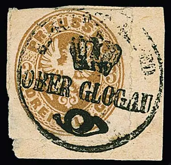 3 Sgr. brun ocre (lég. déf.) sur fragment avec oblitération rare par cachet de service postal "Ober-Glogau", probablement pièce unique !