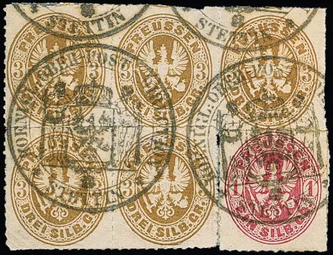 3 Sgr. brun ocre, bloc de quatre et pièce unique, avec 1 Sgr. rose, utilisés ensemble sur fragments avec grand cachet de service "Ober-Post-Direktion Stettin", très rare, ex Boker