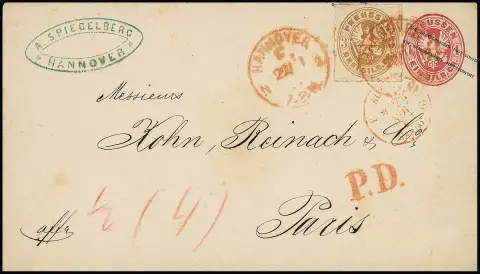 3 Sgr. brun ocre, exemplaire parfait sur entier postal 1 Sgr. rose, avec K1 rouge "Hannover F.N.2" 1867 pour Paris, les 1/2 Sgr. restants payés en espèces. Seule lettre connue avec ce cachet
