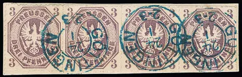3 Pfge. gris-pourpre, bande horizontale de quatre avec perforation presque complète (manquante en bas à gauche !) sur fragment avec K2 bleu réutilisé "Göttingen". Unité très rare dans l'ancienne région de Hanovre, collection Blecher (119. Grobe 1960), signé Köhler, Pröschold