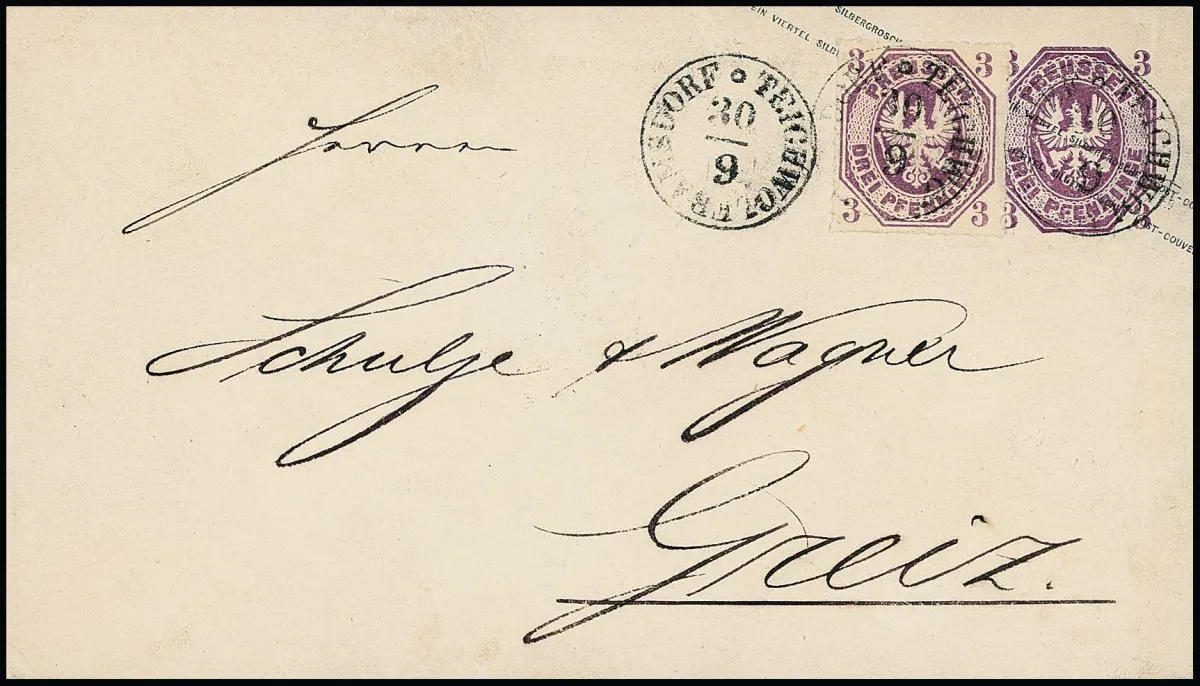 3 Pfge. rotviolett, Kabinettstück als Zusatzfrankatur auf Ganzsachenumschlag 3 Pfge. violett (etwas gereinigt) mit Taxis-K1 "Teichwolframsdorf 30/9" (1867)…