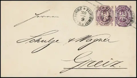 3 Pfge. rouge-violet, pièce de cabinet comme affranchissement complémentaire sur enveloppe entière 3 Pfge. violet (un peu nettoyée) avec Taxis-K1 "Teichwolframsdorf 30/9" (1867) pour Greiz. Une combinaison rare d'entier postal, certificat photo Jäschke-L.