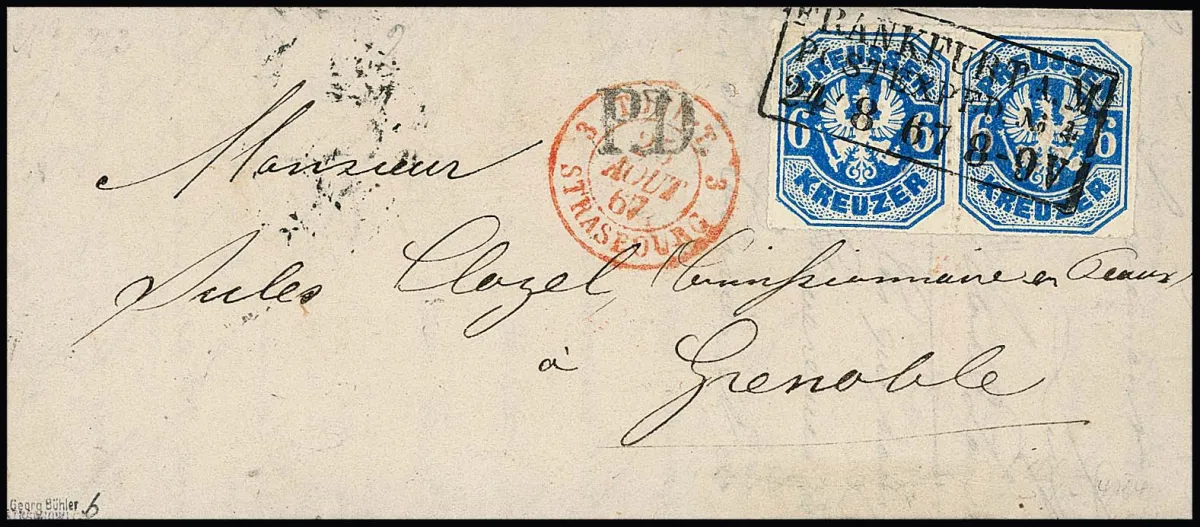 6 Kr. hellpreußischblau, ungewöhnliche Grenznuance, im Paar auf Kabinettbriefchen mit Ra3 von Frankfurt nach Grenoble/Frankreich, sign. Bühler u.a. Mi. 2500,-