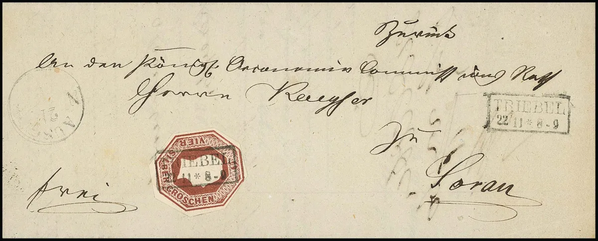 Octagonal postal stationery cut-out 4 Sgr. red-brown, wide-margined octagonal cut, single with clear Ra2 "Triebel" on magnificent postal insinuation document…