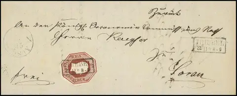 Découpe de entier postal octogonal 4 Sgr. brun-rouge, largement margée et découpée en octogone, seule avec Ra2 clair "Triebel" sur magnifique document d'insinuation postale…