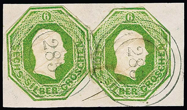 Découpe de entier postal octogonal 6 Sgr. jaune-vert, deux exemplaires au type de découpe octogonale, voir photo, sur fragment de lettre avec NS clairs "285", pièce décorative…