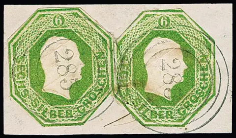 Découpe de entier postal octogonal 6 Sgr. jaune-vert, deux exemplaires au type de découpe octogonale, voir photo, sur fragment de lettre avec NS clairs "285", pièce décorative…