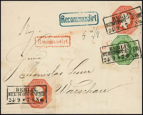 Découpes de entiers postaux octogonaux 6 Sgr. vert et deux fois 7 Sgr. orange-rouge, toutes largement margées et rectangulaires, sur lettre recommandée de 2e poids avec Ra3…