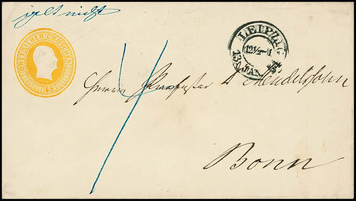 Kopf-Ganzsache 3 Sgr. gelborange als Prachtcouvert mit Sachsen-K2 "Leipzig" 1854 nach Bonn, handschriftlich "gilt nicht" und mit "4" Sgr. nachtaxiert, eine…
