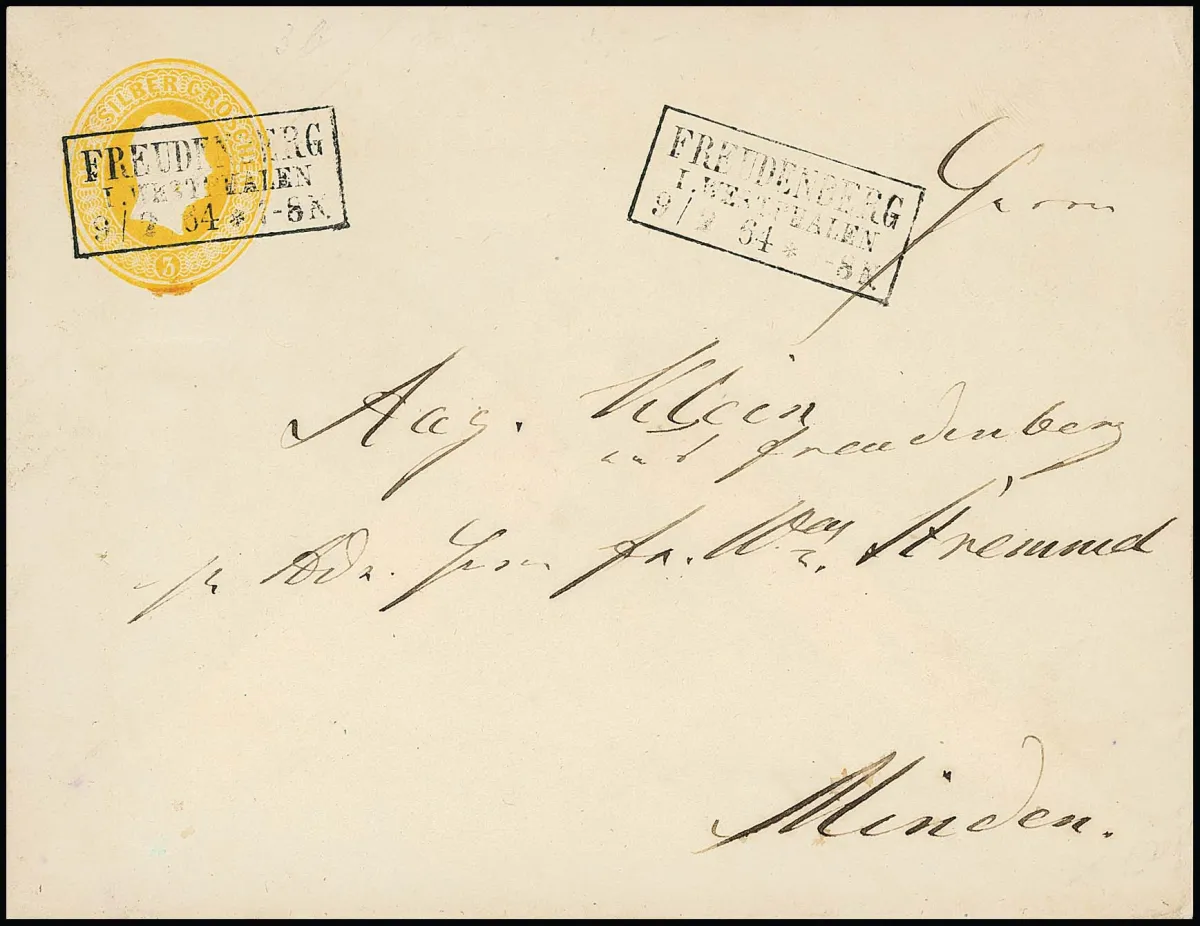 Head postal stationery 3 Sgr. orange-yellow, the 1851 issue in rare late use with Ra3 "Freudenberg i. Westphalen" dated 9.2.1864....