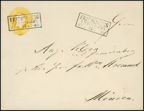 Entier postal tête 3 Sgr. orange-jaune, l'entier paru en 1851 en utilisation tardive rare avec Ra3 "Freudenberg i. Westphalen" daté du 9.2.1864....
