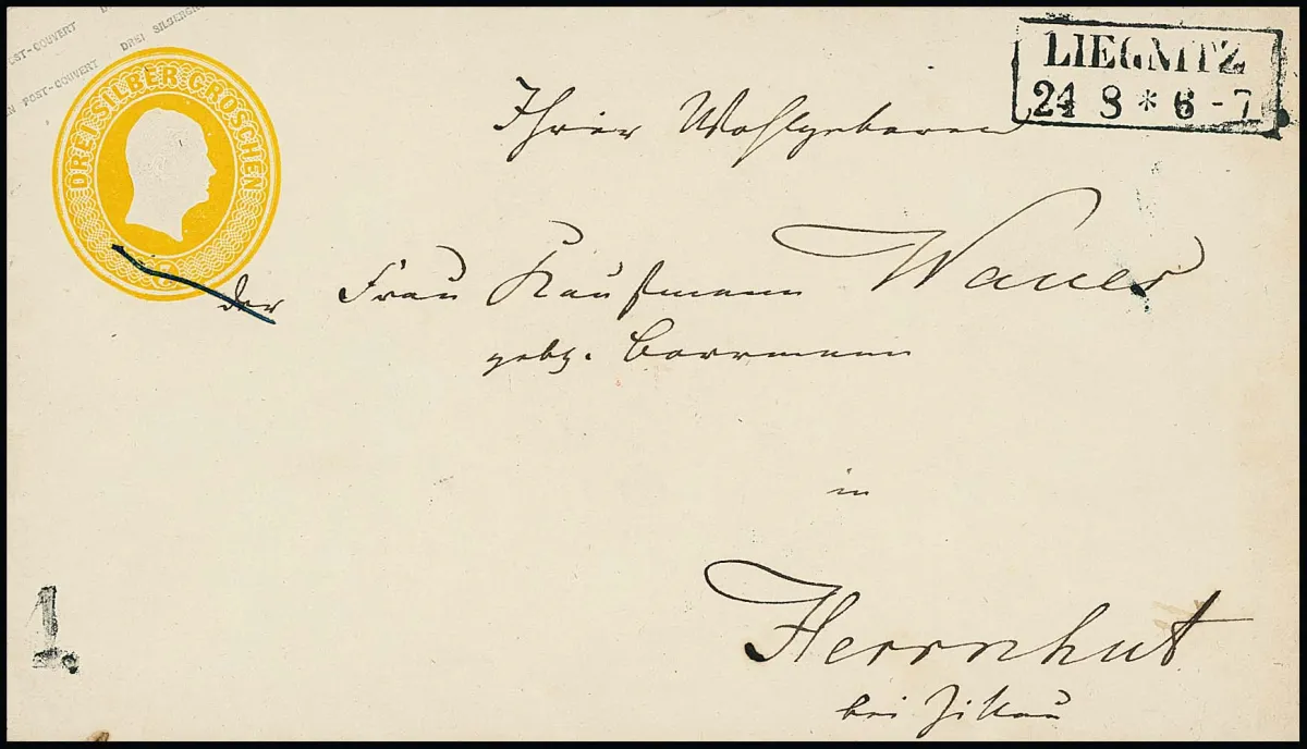 Head postal stationery 3 Sgr. yellow, small and large format, two superb covers with Ra2 "Liegnitz" to Herrnhut/Saxony, each on the front lower left with very rare rural mailbox cancel "1"