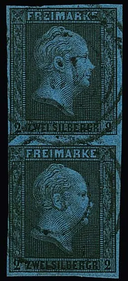 "19" (Alsdorf) sur paire verticale de cabinet 2 Sgr. noir/bleu. Le cachet numéral d'Alsdorf est l'une des grandes raretés philatéliques de Rhénanie (Feuser…