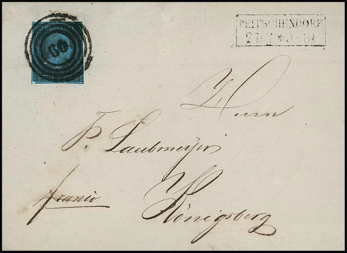 "60" avec Ra2 "Peitschendorf", bureau de poste est-prussien très rare (ouvert seulement le 1.10.1856, 2e distribution) sur lettre pour Königsberg avec 2 Sgr. noir/bleu…