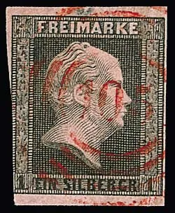 "105" (Berlin Bahnpost, Sped.-Bur. II) in red clear on 1 Sgr. black/pink (slightly touched on left), rare cancellation from the Kruschel collection, Feuser + 750,-