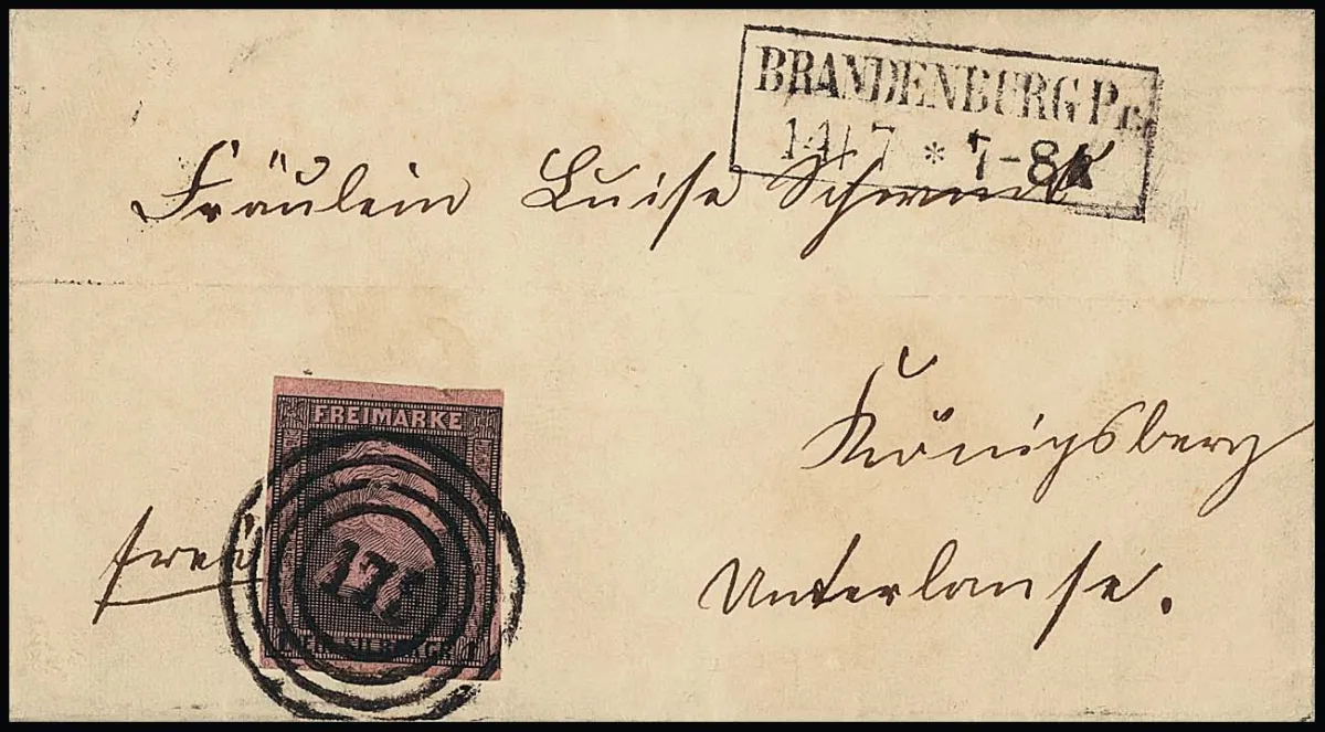 "175" spolu s Ra2 "Brandenburg Pr." na malém nádherném dopise 1 Sgr. (malý škrábanec v horním okraji) do Königsberg, velmi vzácné poštovní místo, atest Flemming. Feuser + 1500,-