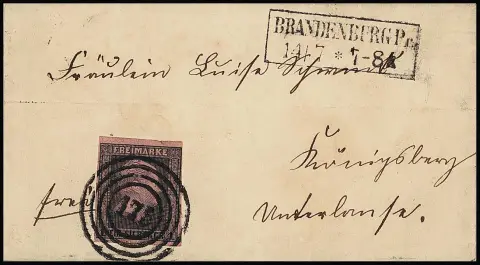 "175" и Ra2 "Brandenburg Pr." на малом роскошном письме 1 зильбергрош (небольшая царапина в верхнем внешнем поле) в Кёнигсберг, очень редкое место отправления, аттестат Флемминга.