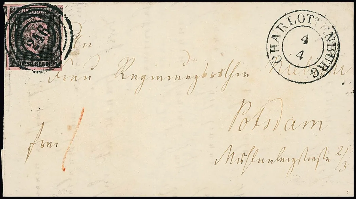 "246" together with K2 "Charlottenburg" each very clear on fresh small luxury cover 1 Sgr. black/lilac-pink from April 1851. Contents concerning the then German Confederation and the dispatch of Prussian deputies. Rare cancellation (from the same correspondence came an express letter from the Kuphal collection)