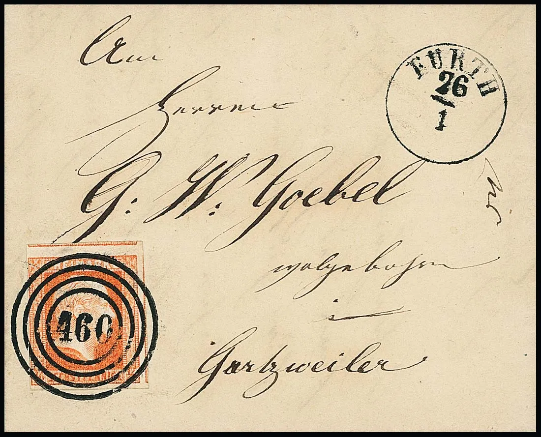 "460" clear with pre-philatelic thimble cancel "Fürth" on luxury letter with 1/2 Sgr. red-orange (side marks top and right) as special postage to Garzweiler (from Elsen 25.1.1851)