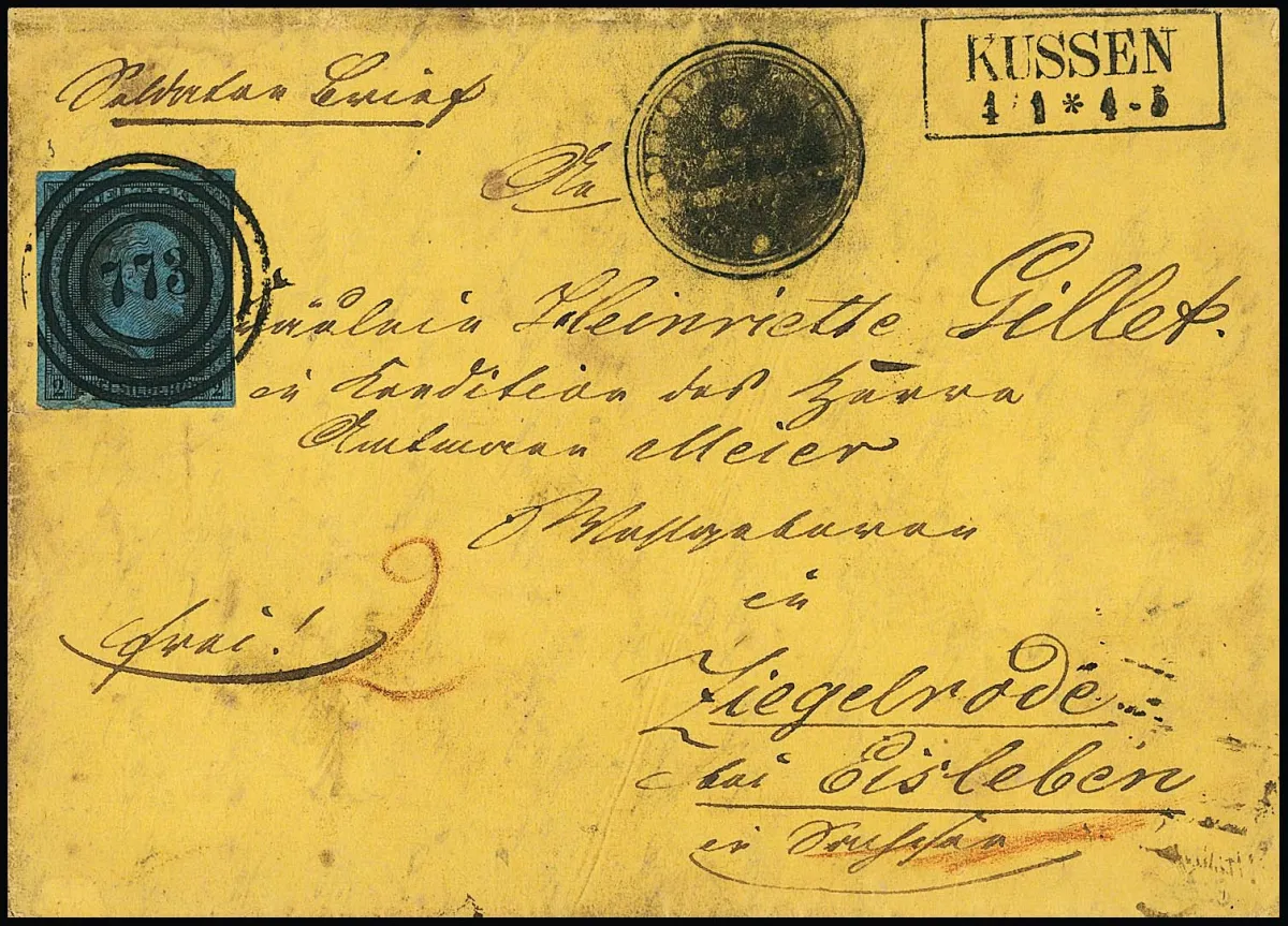"773" nebst Ra2 "Kussen" sehr klar auf naturgemäß etwas unfrischem "Soldatenbrief" (vs. Dienstsiegel) mit 2 Sgr. blau (rechts Lupenrand) nach Ziegelrode bei…