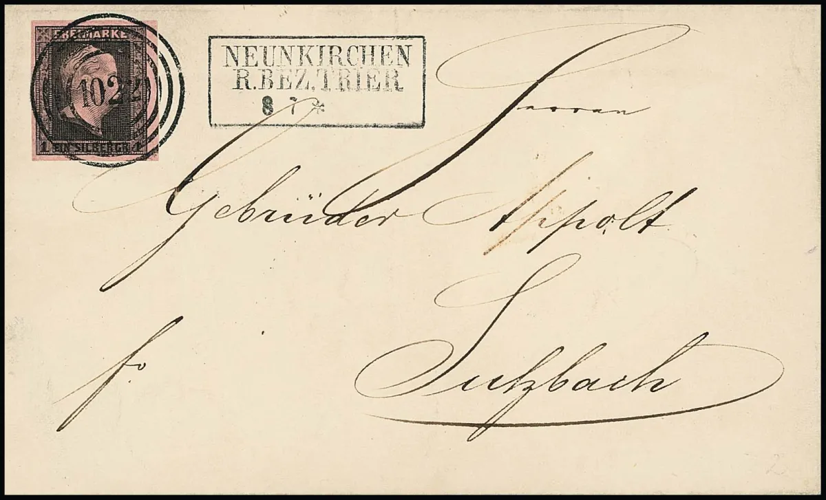 "1022" with Ra3 "Neunkirchen R.Bez. Trier" clear on luxury letter 1 Sgr. from the right edge. A beautiful letter from the good Saar locality. Feuser + 500,-