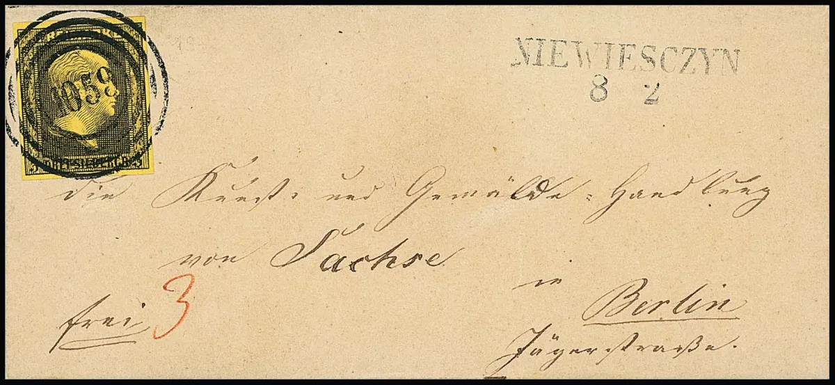 "1059" et L2 "Niewiesczyn" clair sur petite lettre de luxe du 8.2.1851 avec 3 Sgr. noir/jaune vers Berlin, un cachet très rare de l'OPD Marienwerder dans la 1ère distribution, illustré dans le manuel Krauß, Feuser + 2500,-