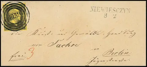 "1059" и L2 "Niewiesczyn" чётко на малом роскошном письме от 8.2.1851 с 3 зильбергрош чёрн./жёлтая в Берлин, очень редкий штемпель OPD Marienwerder в…