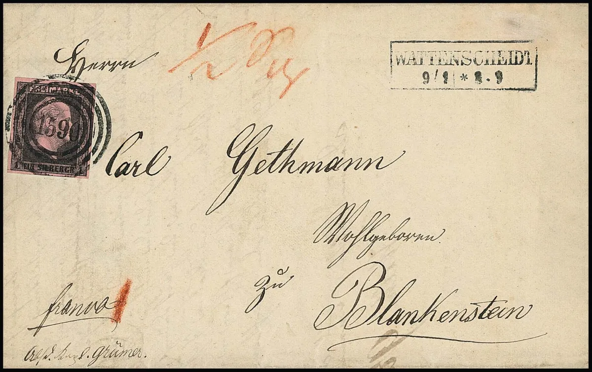"1590" et Ra2 "Wattenscheid" très net sur lettre décorative avec pièce de choix 1 Sgr. pour Blankenstein (du 9.1.1851), taxe manuscrite à la sanguine "1" et 1/2 Sgr. (pour frais de commande), seules trois lettres avec ce NS sont connues, certificat Wasels